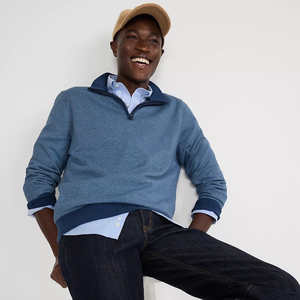 Mens Lands End Supima Cotton 1/4 Zip Pullover Lightweight Sweater Sz XL Blue